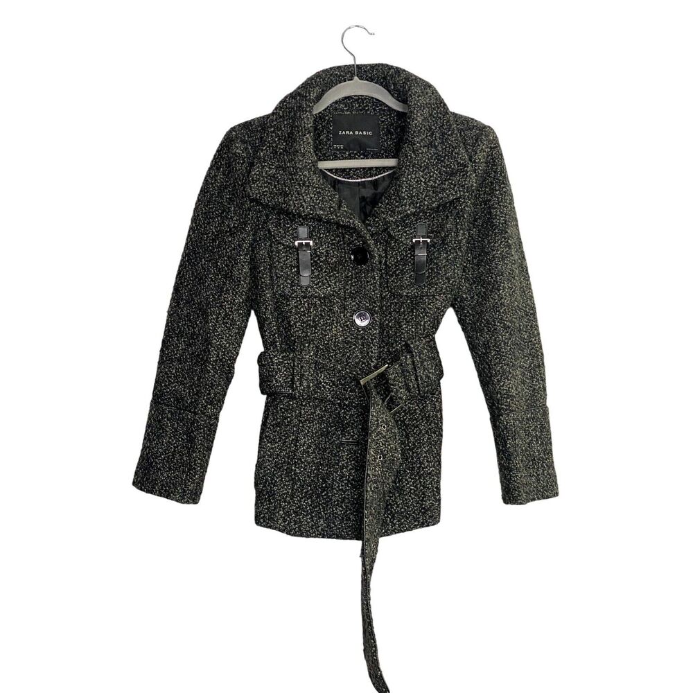 ZARA Wool Blend Long Sleeve Collard Belted Button Up Coat Jacket  M Grey Black - Picture 11 of 15